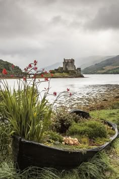 a boat is sitting in the grass near some flowers and water with a castle in the background