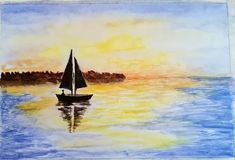 a painting of a sailboat on the water at sunset with trees in the background