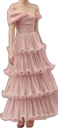 Off-shoulder Ruffled Maxi Dress For Gala, Elegant Pink Prom Skirt, Elegant Strapless Ruffled Maxi Dress, Layered Chiffon Party Dress, Elegant Off-shoulder Dress With Ruffled Skirt, Tiered Ruffled Evening Dress, Tiered Ruffled Skirt Evening Dress, Elegant Tulle Skirt With Ruffles, Elegant Tiered Voluminous Skirt