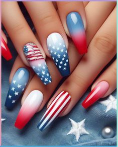 4th Of July Cat Eye Nails, Ombre 4th Of July Nails, 4th Of July Nail Art Designs, Red White And Blue Ombre Nails, Fourth Of July Acrylic Nails, Independence Nails, Fourth Nails, 4th July Nails