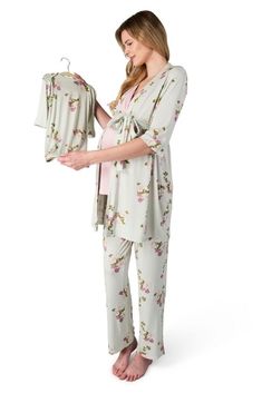 A perfect gift for yourself or any new mom friend! This supersoft nursing friendly 5-piece pj set is so cute, comfy and perfect for late-night feedings or all day lounging with your baby. This PJ set will be your new favorite way to unwind with your baby. It comes complete with a matching robe (with detached belt), sleeveless nursing friendly top, elastic smocked waistband full length pants, baby gown (0-3 months), and matching baby hat (0-3 months).... Nursing Pjs, Lounge Wear Set, Matching Robes, Newborn Gown, Nursing Top, Matching Baby, Mommy Baby, Nursing Tops, Sleep And Loungewear