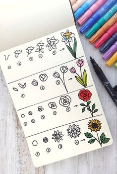 some markers and crayons are next to a coloring book with flowers on it