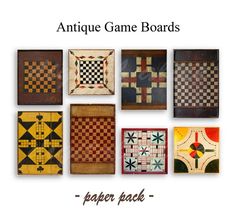 antique game boards with different designs and patterns on the front, including checkerboard