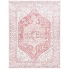 a pink and white rug with an ornate design on the center, in front of a white background