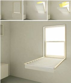 four different shots of a window with blinds on the windowsill and in between them is a small bed