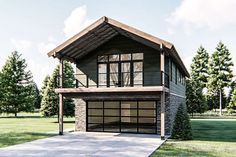 a two story house with an attached garage in the middle of a grassy area next to trees