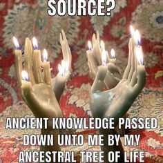 two hands holding candles with the words source? ancient knowledge passed down into me by my anestral tree of life