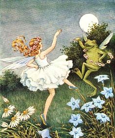 an illustration of a fairy and a frog flying in the air with flowers around them