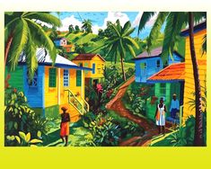 a painting of people walking down a dirt road in front of colorful houses and palm trees