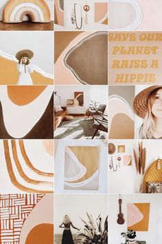 the collage is made up of many different images, including an orange and white design