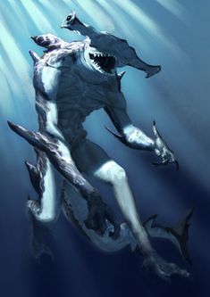 an artist's rendering of a shark attacking a man in the water with his mouth open