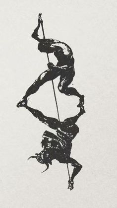 an ink drawing of a man holding a pole in the air with one leg up