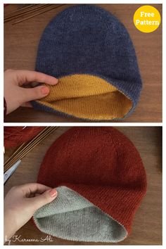 two pictures showing how to make a knitted hat with the same color and pattern