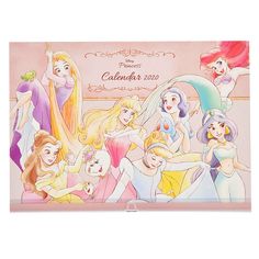 the disney princesses calendar is displayed on a white background with pink and yellow accents