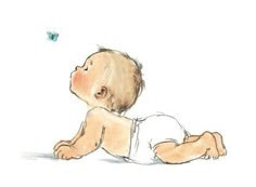 a drawing of a baby laying on its back with a butterfly flying in the background