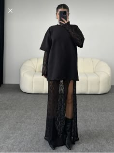 Lace Coat Outfit, Mesh Lace Dress Outfit, Mesh Skirt Street Style, Long Sheer Skirt Outfit, Sheer Skirt Outfit Street Styles, Sheer Slip Dress Outfit, Transparent Skirt Outfit, Lace Undershirt Outfit Long Sleeve, Long Lace Skirt Outfit