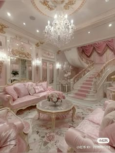 a fancy living room with pink furniture and chandelier