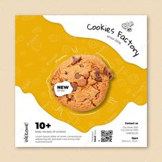 a flyer for cookies factory with an image of a chocolate chip cookie on the front