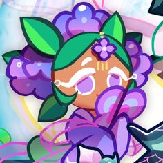 an image of a cartoon character with purple flowers on her head and green leaves in her hair