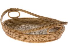 two wicker baskets sitting side by side on a white background, one is empty and the other has a handle