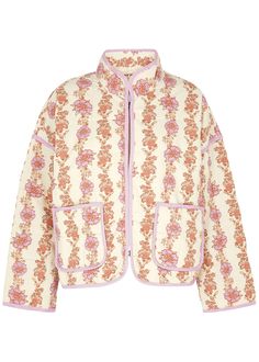 Info & Care Free People cotton jacket Floral print, quilted, high-neck, dropped shoulders, contrasting trims, two patch pockets, fully lined Concealed hook fastenings through front; 100% cotton; fill: 100% polyester; Machine wash; Size & Fit Length shoulder to hem: 24 inches/ 61cm; Midweight; Slightly loose, boxy fit; Model is 5'10"/ 178cm and wears a size small; Short Loungewear, Ankle Boots Flat, Printed Quilt, Knitwear Tops, Cotton Jacket, Trouser Jeans