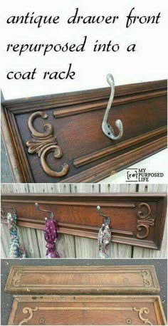 an antique drawer is repurposed into a coat rack