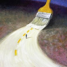 a painting of a person walking down a road with a paintbrush in the air