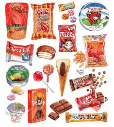 an assortment of candy and snacks on a white background