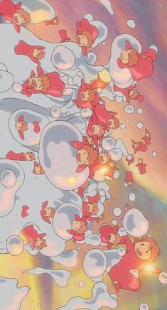 an image of some cartoon characters floating in the air with bubbles and water around them