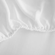 an unmade bed with white sheets and ruffles on the bottom half of it