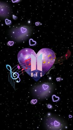 a purple heart with musical notes floating in the air next to stars and music notes