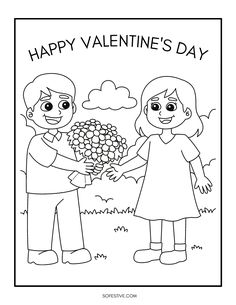 valentine's day coloring page with two children holding hands and the words happy valentine's day