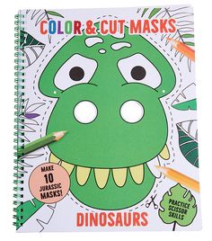 a green dinosaur coloring book with the title color and cut masks