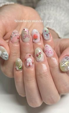 🍓🍵🐰 ♡ Strawberry Matcha Nails, Mini Manicure, How To Have Style, Hippie Nails, Grunge Nails, Blush Nails, Pretty Gel Nails, Really Cute Nails, Cute Gel Nails