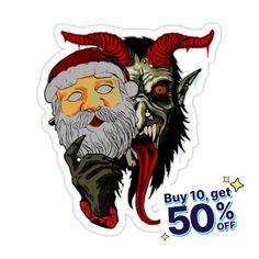 a sticker with an image of santa and demon