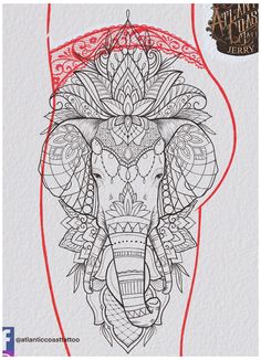 an elephant with intricate designs on it's face and head is shown in red ink