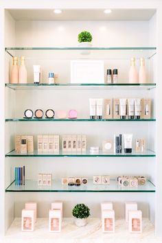 the shelves are filled with cosmetics and personal care items