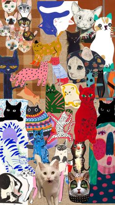 a collage of cats with different colors and patterns on them, including black, white, red, blue, green, orange