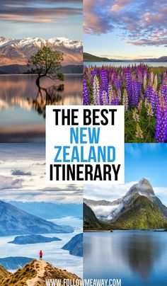 the best new zealand itinerary with images of mountains, flowers and people walking