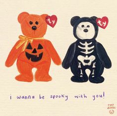 two teddy bears dressed in halloween costumes, one with a heart and the other with a skeleton