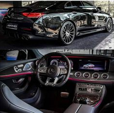 the inside and outside view of a black car with chrome trims, steering wheel