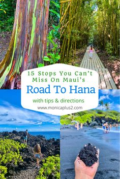 the road to hanana in hawaii with text overlay that reads 15 stops you can't miss on mahi's road to hanana