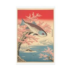 an image of a fish on a tree with flowers in the foreground and mountains in the background