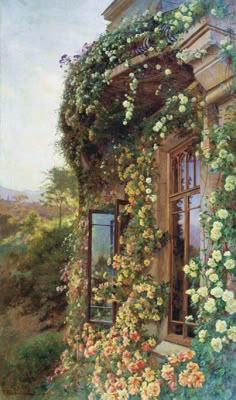 a painting of flowers growing on the side of a building with an open door and window