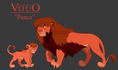 the lion and cub are standing next to each other in front of a sign that says vituo peace