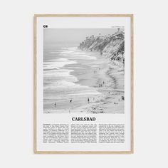 a black and white photo with the words carlsbad on it in front of a beach