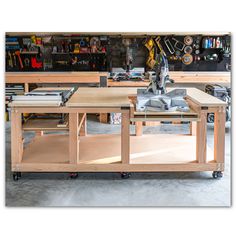 a workbench with tools on it in a garage