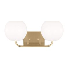 two light bathroom fixture in brass finish with white glass balls on the front and sides