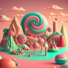 an image of colorful candy land with lollipops