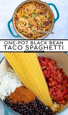 one pot black bean taco spaghetti in a skillet and the other side dish